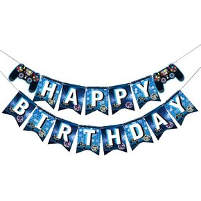 Video Game Happy Birthday Banner (Blue) Gaming Birthday Party Decorations for Kids Player Gaming Themed Party Decorations Assembled