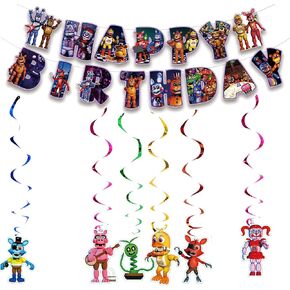13Packs Five Nights party supplies Include 12 pcs Hanging Swirls and 1 Happy Birthday Banner for Five Nights party Decoration
