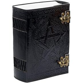 10" Fat Leather Journal Large 600 Pages Black Pentacle Grimoire Book of Shadow Leather Notebook Journal Blank Handmade Book Sketchbook