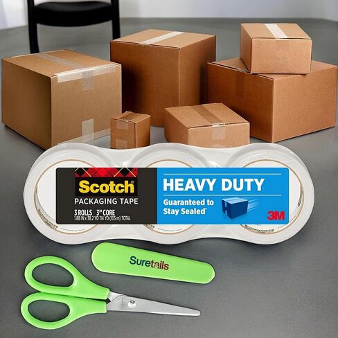 Heavy Duty Packaging Tape, 1.88" x 38.2 yd (3-Count) Clear Bundle with Paper Scissor, Designed for Packing, Shipping and Mailing(3850S-3) [Pack of 3] in Kuwait