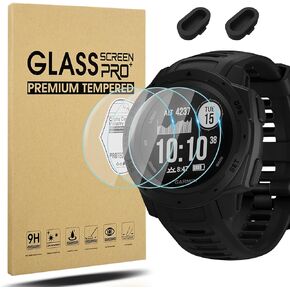 Suoman [3+2 Pack for Garmin Instinct/Instinct Solar Screen Protector and Charger Port Protector,Anti-Dust Plugs+Tempered Glass Screen Protector for Garmin Instinct/Instinct Solar[2.5D 9H Hardness]