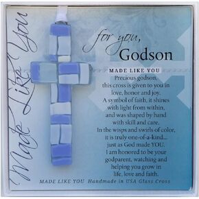 Handmade in USA Glass Cross with Loving Sentiments - Unique Christian Gift for Godson from Godparents -On Birth Baptism Confirmation Christening Birthday/Gift for Godson from Godmother/Godfather