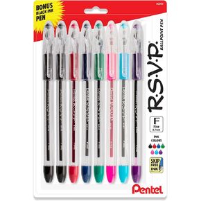 قلم حبر جاف أصلي من Pentel RSVP، (0.7 مم) خط رفيع، ألوان حبر متنوعة، أسطوانة شفافة، 8 عبوات مع قلم حبر أسود إضافي in Kuwait
