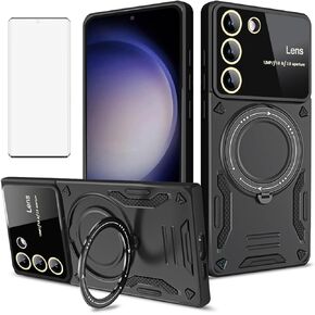 Phone Case for Samsung Galaxy S24 Plus S24+ 5G with Tempered Glass Screen Wrist Strap Lanyard Protector Cover 360°Rotatable Invisible Ring Slim Stand Protective S24plus 24S + S 24 24+ Black