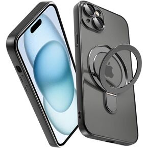 Tnarru Design for iPhone 15 Case Clear with Camera Lens Protector [Compatible with MagSafe] [Invisible Ring Holder] Shockproof Protection Magnetic Phone Case Black