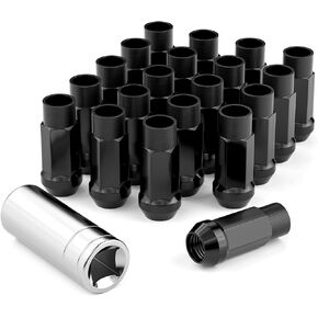 20PCS M12x1.5 Open End Bulge Acorn Black Lug Nuts - 60 Conical Seat - 50mm Height, Lug Nuts for Aftermarket Wheels with 1 Spline Key