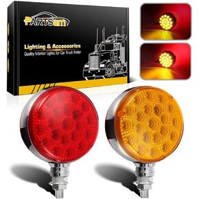 Partsam Round Red/Amber Double Face Led Pedestal Lights with Reflectors 42 LED Waterproof Truck Trailer SUV RV Fender Mount Led Stop Turn Tail and Parking Light, Chrome Die Cast Housing 12V