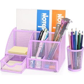 Flexzion Desk Top Caddy Organizer - Black Office Desk Accessories Organizer and Storage - Metal Mesh Desk with 6 Compartments, Drawer and Pen Holder
