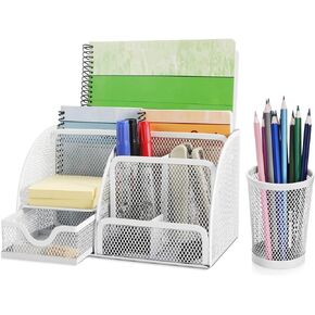 Flexzion Desk Top Caddy Organizer - Black Office Desk Accessories Organizer and Storage - Metal Mesh Desk with 6 Compartments, Drawer and Pen Holder