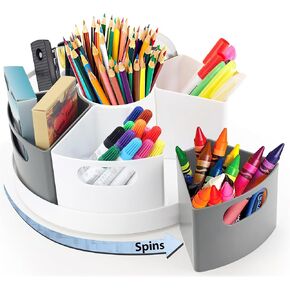 Rotating Art Supply Organizer Storage Caddy for Kids - 7 Bins Craft Crayon Marker Organizer for School Desk, Lazy Susan Pencil Holder for Classroom Organization, Homeschool Supplies