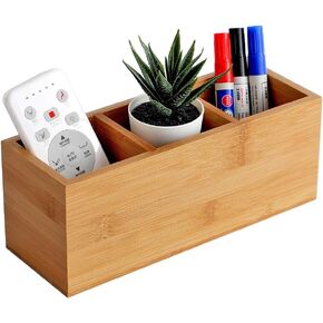 Bamboo Wood Pens Pencils Holder Cup for Desk Remote Control Holder, Caddy,Organizer,Desktop Storage with 3 Compartments,Multiuse for Store TV Remotes,Game Console,Phones,Office Supplies (3 Grid)