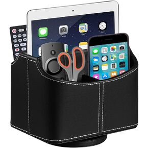 Leather Remote Control Holder,360° Spinning TV Remote Caddy,Desk Organizers and Accessories,for Calculator,Controller,Mail,Mini Tablet,Pen,Phone Storage Holder(Antique)