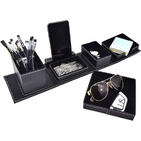 Black Leather Office Supplies, Desk Organizer Storage Boxes and Accessories for Men, Desktop Organization Storage for Business Cards/Stationery/Cards/Pens/Pencils/Mobile Phones/Small Things(Black)