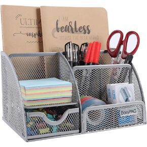 EasyPAG Desk Organizer Mesh Desktop Office Supplies Multi-functional Caddy Pen Holder Stationery with 6 Compartments and 1 Drawer for Office, Home, School, Classroom, Orange