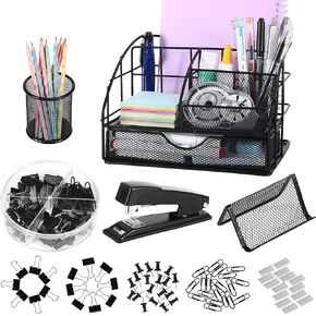 Office Supplies Desk Organizer - Desk Organizers and Accessories, Office Supplies Set with Pen Holder, Stapler and 72 Clips Set for Office, Home, School, Black