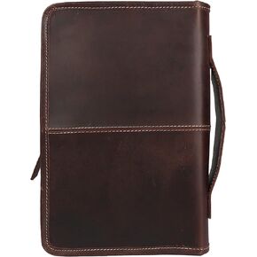 Leather Bible Cover Book Cover Planner Cover with Handle and Back Pocket (Dark Brown) Size 10.8x6.8x2 inches