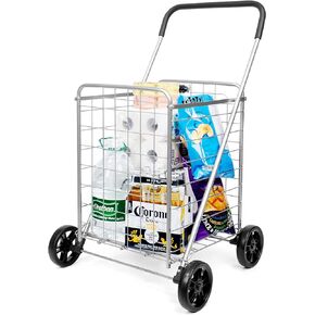 Grocery Utility Shopping Cart - Deluxe Utility Cart with Oversized Basket and Tool Free Installation Light Weight Folding Cart with Wide Cushion Handle Bar for Laundry Book Luggage Travel