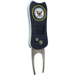 Team Golf Military Navy Retractable Divot Tool Switchblade Divot Tool with Double-Sided Magnetic Ball Marker, Features Patented Single Prong Design, Causes Less Damage to Greens, Switchblade Mechanism