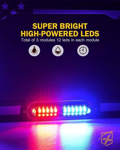 Xprite 36 LED لوحة ترخيص ضوء ستروب، علم الولايات المتحدة الأمامي/الخلفي لوحة ترخيص ضوء السلامة في حالات الطوارئ لشاحنات مركبات البناء (أحمر أزرق) in Kuwait