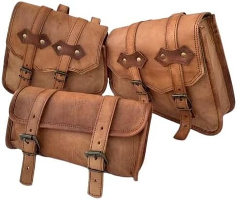 Saddle Bag Real Vintage Leather 2 Side Bag & 1 Tool Pouch || Motorcycle Swing Arm Panniers (Black) in Saudi Arabia