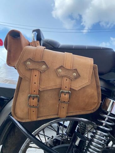 Saddle Bag Real Vintage Leather 2 Side Bag & 1 Tool Pouch || Motorcycle Swing Arm Panniers (Black) in Saudi Arabia