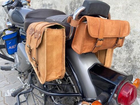 Saddle Bag Real Vintage Leather 2 Side Bag & 1 Tool Pouch || Motorcycle Swing Arm Panniers (Black) in Saudi Arabia