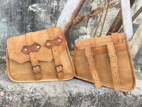 Saddle Bag Real Vintage Leather 2 Side Bag & 1 Tool Pouch || Motorcycle Swing Arm Panniers (Black) in Saudi Arabia