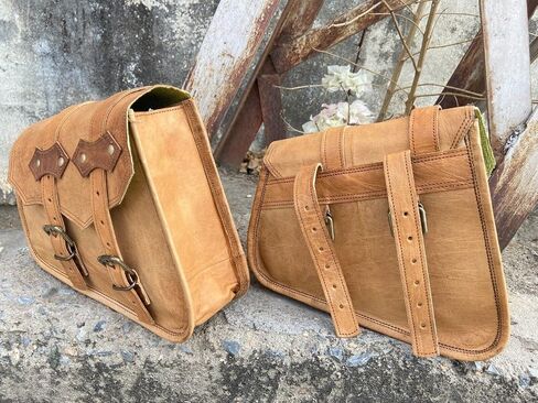 Saddle Bag Real Vintage Leather 2 Side Bag & 1 Tool Pouch || Motorcycle Swing Arm Panniers (Black) in Saudi Arabia