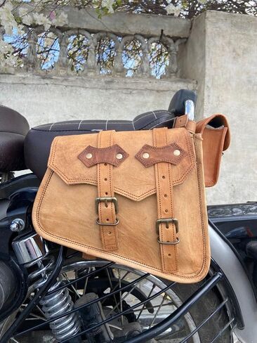 Saddle Bag Real Vintage Leather 2 Side Bag & 1 Tool Pouch || Motorcycle Swing Arm Panniers (Black) in Saudi Arabia