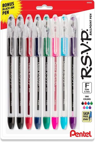 قلم حبر جاف أصلي من Pentel RSVP، (0.7 مم) خط رفيع، ألوان حبر متنوعة، أسطوانة شفافة، 8 عبوات مع قلم حبر أسود إضافي in Kuwait