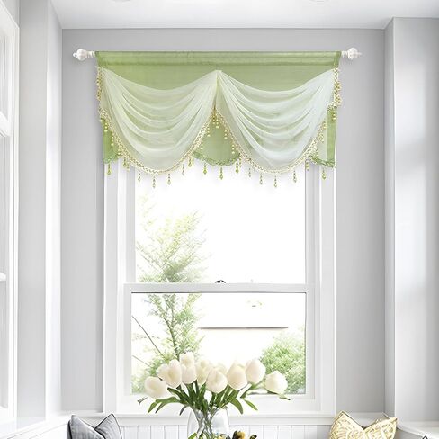 Gxi Black Waterfall Valance Linen Sheer Swags for Living Room Rod Pocket Voile Curtain Drapes Beaded Curtain Tulle for Kitchen Window Treatment Valance 1 Panel Width 39 Inch in Saudi Arabia