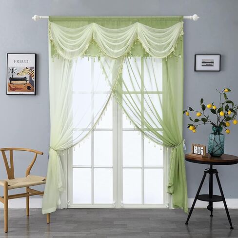 Gxi Black Waterfall Valance Linen Sheer Swags for Living Room Rod Pocket Voile Curtain Drapes Beaded Curtain Tulle for Kitchen Window Treatment Valance 1 Panel Width 39 Inch in Saudi Arabia
