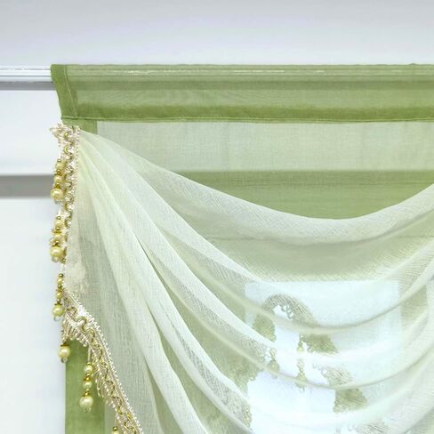 Gxi Black Waterfall Valance Linen Sheer Swags for Living Room Rod Pocket Voile Curtain Drapes Beaded Curtain Tulle for Kitchen Window Treatment Valance 1 Panel Width 39 Inch in Saudi Arabia