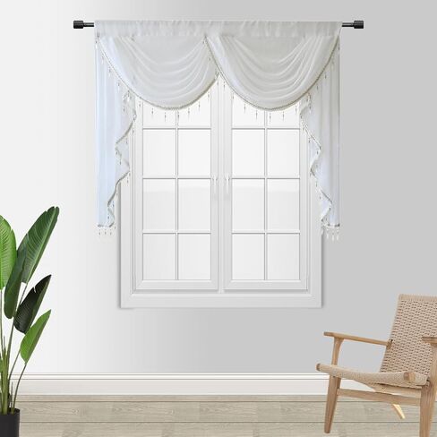Gxi Black Waterfall Valance Linen Sheer Swags for Living Room Rod Pocket Voile Curtain Drapes Beaded Curtain Tulle for Kitchen Window Treatment Valance 1 Panel Width 39 Inch in Saudi Arabia