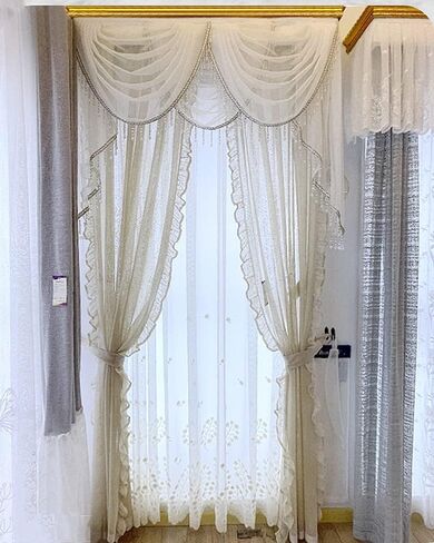 Gxi Black Waterfall Valance Linen Sheer Swags for Living Room Rod Pocket Voile Curtain Drapes Beaded Curtain Tulle for Kitchen Window Treatment Valance 1 Panel Width 39 Inch in Saudi Arabia