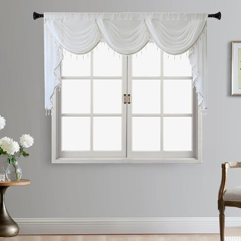 Gxi Black Waterfall Valance Linen Sheer Swags for Living Room Rod Pocket Voile Curtain Drapes Beaded Curtain Tulle for Kitchen Window Treatment Valance 1 Panel Width 39 Inch in Saudi Arabia