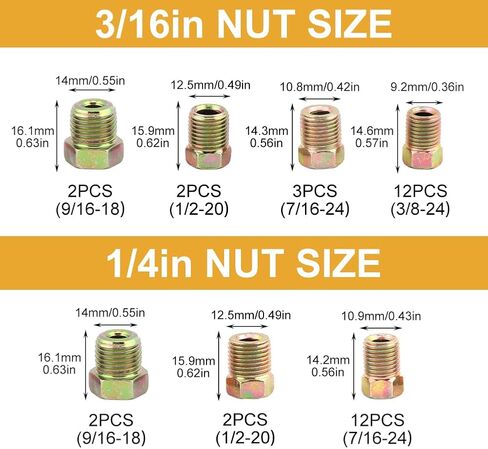 مجموعة تركيب خط الفرامل، 35 قطعة من صواميل خط الفرامل المتنوعة لـ 3/16 بوصة (19 تركيبًا) و1/4 بوصة (16 تركيبًا) لأنبوب خط الفرامل المتوهج المقلوب (الحجم: 35 قطعة) in Kuwait