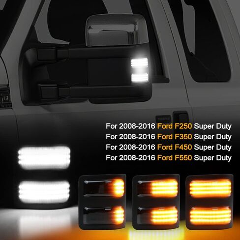 مصابيح LED للمرآة الجانبية ومصابيح مؤشر التبديل الديناميكي المتوافقة مع 2008-2016 Ford F250 F350 F450 F550 Super Duty، أضواء إشارة الانعطاف الكهرماني، أضواء الجري البيضاء in Kuwait
