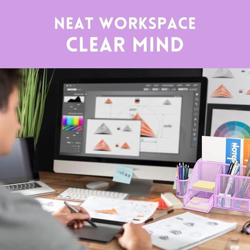 Flexzion مكتب العلبة المنظم الأسود شبكة معدنية مكتب اللوازم المكتبية منظم العلبة مكتب الملحقات مجموعة للنساء الرجال الطلاب، 6 مقصورات مع درج وحامل القلم منظم مكتب للعمل in Kuwait