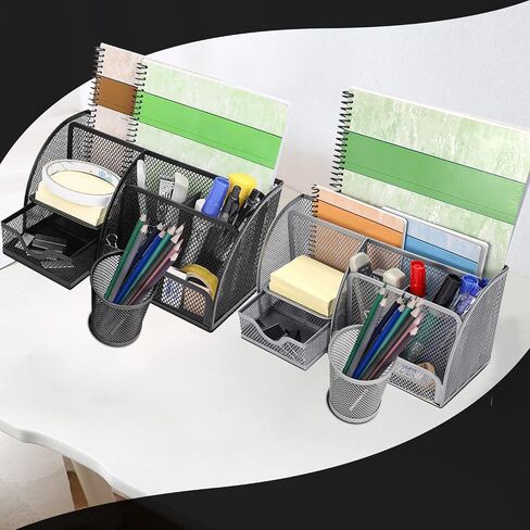 Flexzion مكتب العلبة المنظم الأسود شبكة معدنية مكتب اللوازم المكتبية منظم العلبة مكتب الملحقات مجموعة للنساء الرجال الطلاب، 6 مقصورات مع درج وحامل القلم منظم مكتب للعمل in Kuwait
