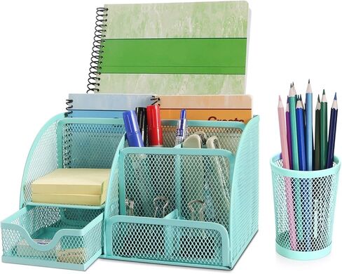 Flexzion Desk Top Caddy Organizer - Black Office Desk Accessories Organizer and Storage - Metal Mesh Desk with 6 Compartments, Drawer and Pen Holder in Kuwait
