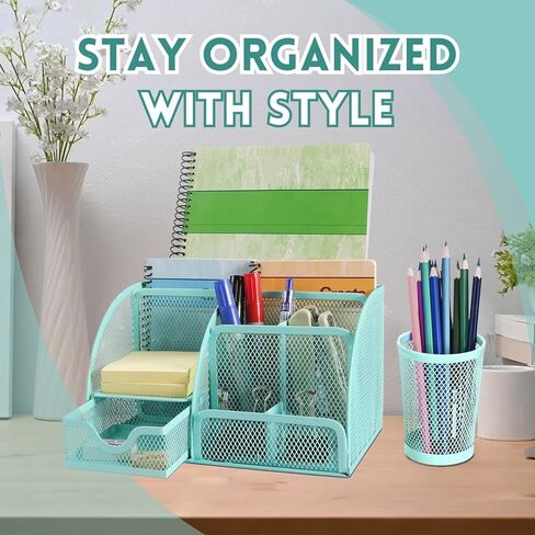 Flexzion Desk Top Caddy Organizer - Black Office Desk Accessories Organizer and Storage - Metal Mesh Desk with 6 Compartments, Drawer and Pen Holder in Kuwait