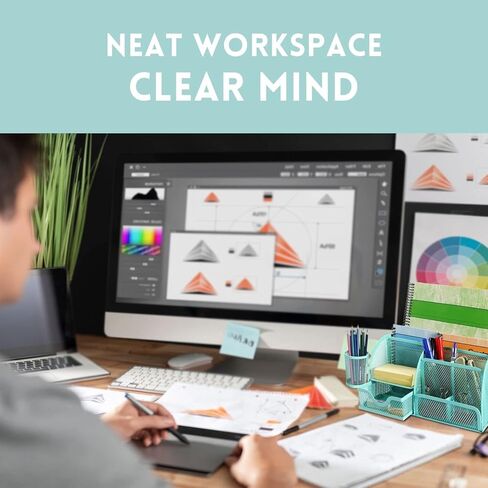 Flexzion Desk Top Caddy Organizer - Black Office Desk Accessories Organizer and Storage - Metal Mesh Desk with 6 Compartments, Drawer and Pen Holder in Kuwait