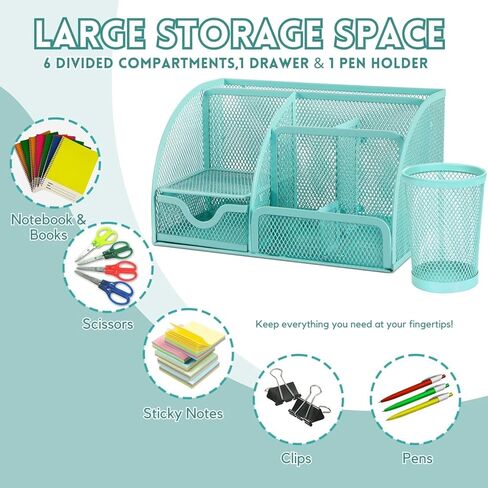 Flexzion Desk Top Caddy Organizer - Black Office Desk Accessories Organizer and Storage - Metal Mesh Desk with 6 Compartments, Drawer and Pen Holder in Kuwait