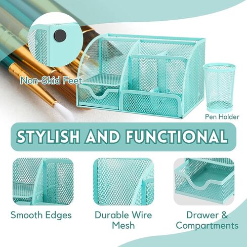 Flexzion Desk Top Caddy Organizer - Black Office Desk Accessories Organizer and Storage - Metal Mesh Desk with 6 Compartments, Drawer and Pen Holder in Kuwait