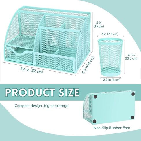 Flexzion Desk Top Caddy Organizer - Black Office Desk Accessories Organizer and Storage - Metal Mesh Desk with 6 Compartments, Drawer and Pen Holder in Kuwait