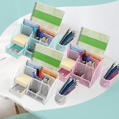 Flexzion Desk Top Caddy Organizer - Black Office Desk Accessories Organizer and Storage - Metal Mesh Desk with 6 Compartments, Drawer and Pen Holder in Kuwait