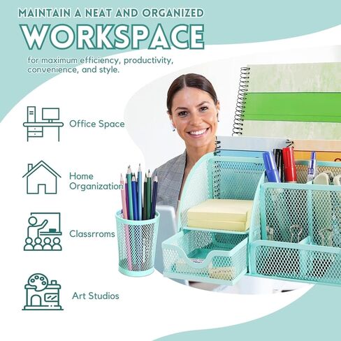 Flexzion Desk Top Caddy Organizer - Black Office Desk Accessories Organizer and Storage - Metal Mesh Desk with 6 Compartments, Drawer and Pen Holder in Kuwait