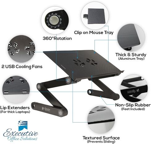 Executive Office Solutions Portable Adjustable Aluminum Laptop Desk/Stand/Table Vented w/CPU Fans Mouse Pad Side Mount-Notebook-MacBook-Light Weight Ergonomic TV Bed Lap Tray Stand Up/Sitting-Black in Saudi Arabia