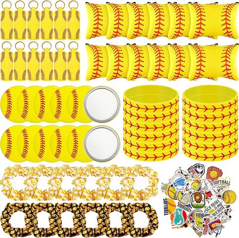 260 Pcs Softball Party Favors Set Include Softball Gifts Bag Softball Bracelet Keychain Softball Stickers Hair Ties Round Softball Compact Mirror for Softball Birthday Decorations Sports Team in Saudi Arabia